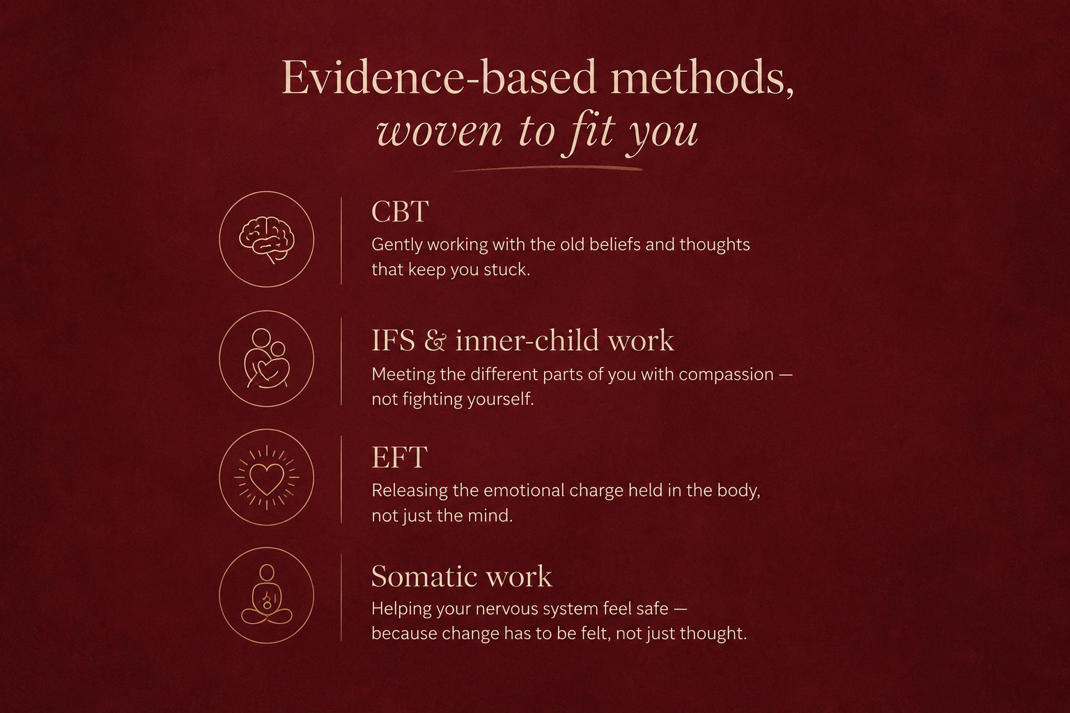 Evidence-based methods, woven to fit you: CBT, IFS & inner-child work, EFT, and somatic work