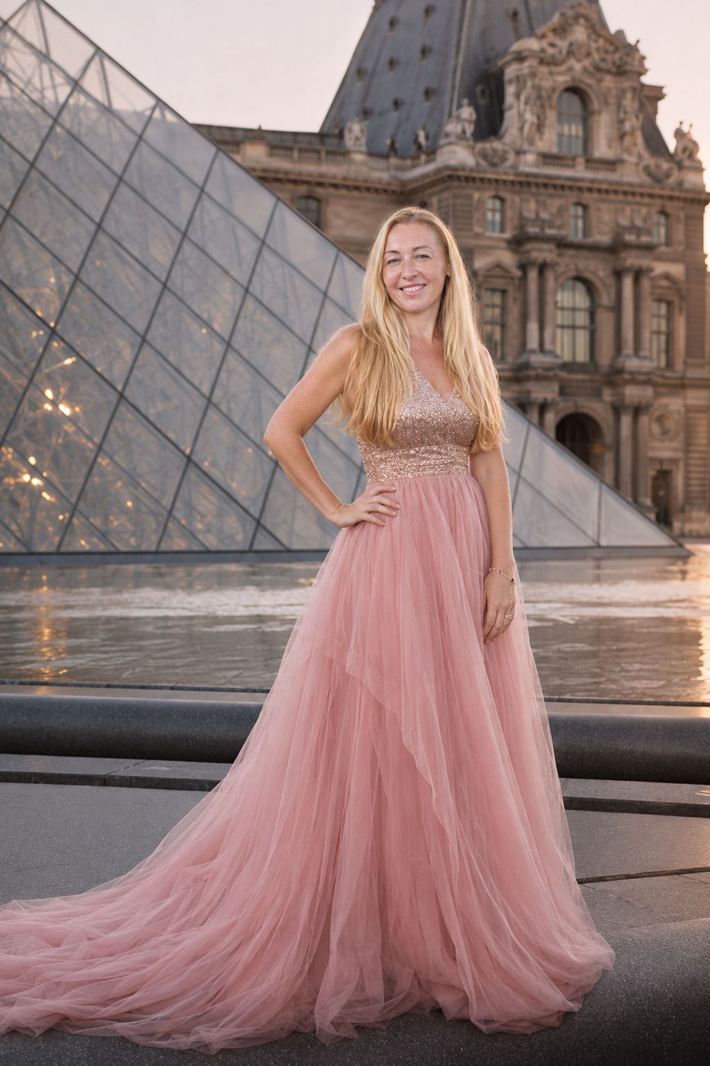 Jennifer Schwientek in an evening gown before the Louvre pyramid in Paris at sunset